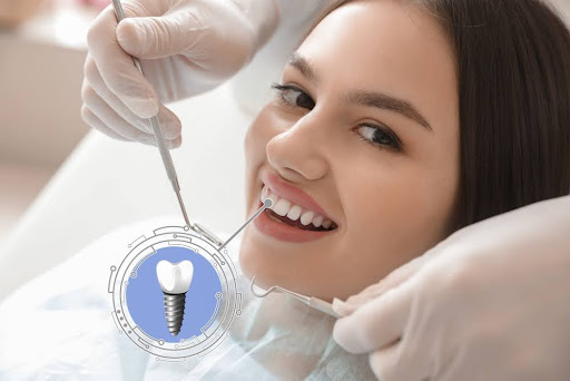 Patient smiling during dental implant consultation, showcasing dental tools and a graphic of a ceramic implant, emphasizing the benefits of ceramic dental implants.
